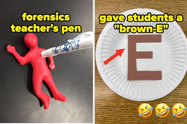 A forensics teacher's pen in a pen holder that's shaped like a dead body next to a literally brown E, as opposed to a desert brownie, on a plate with the caption: "gave students a brown-E"